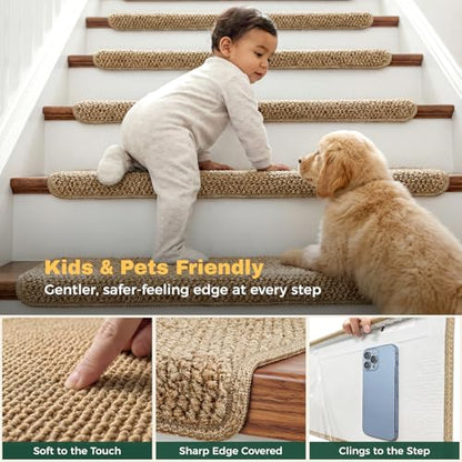 MBIGM Bullnose Non-Slip Stair Treads w/Reusable Adhesive 14 Pack 9.5" x 30" Wooden Steps Protection - TPU Backing with Steel Reinforcement - Anti-Slip Solution Knitted Camel Non Slip Stair Tread - color: Camel - Knitted