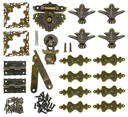 Antique Lock Latch Hasp Hinges Drawer Handle Box Corner Protectors and Feet Legs Hardware Kit Decorative for Wooden Case Jewelry Box Chest Storage Drawer Cabinet DIY, with Screws