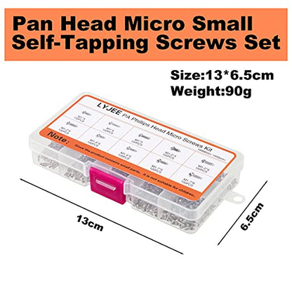 1000Pcs mini Screw kit M1 M1.2 M1.4 M1.7 Phillips pan Head Micro Screws Self-Tapping Electronic Small Metric Screw PA Nickel-Plated - color: Silver