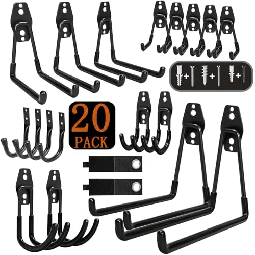 20 Pack Garage Hooks Heavy Duty Utility Steel with Anti-Slip Coating Wall Mount Storage Organizer Multi-Size for Hanging Power and Garden Tools, Ladders, Hose, Bikes, Ropes and More Tools - color: 20 Pack Black