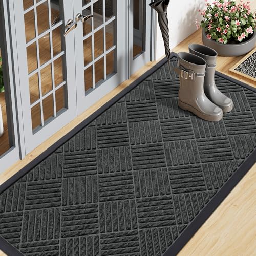 Smiry Front Door Mat Outside Entrance, Heavy Duty Outdoor Indoor Natural Rubber Doormat, Non Slip, Trap Dirt and Moisture, Easy Clean, Low Profile Patio Porch Entryway Mat, 59x23, Black - color: Black, size: 59" X 23"