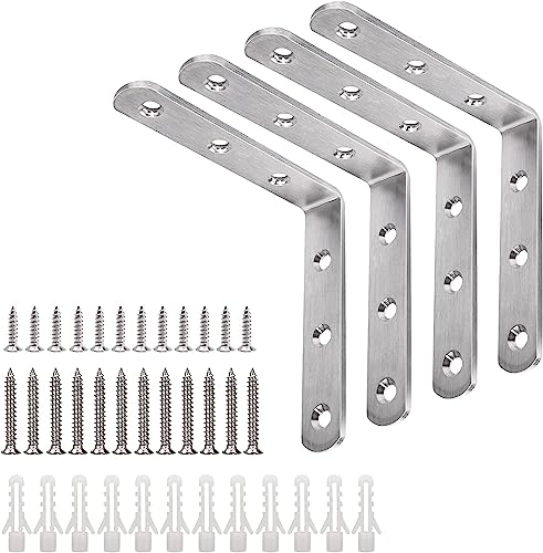 YUMORE L Bracket, 4x4 Inch Max Load: 25lb/12kg Heavy Duty Stainless Steel Solid Shelf Support Corner Brace Joint Right Angle Bracket, Pack of 4 - color: Brushed Nickel, size: 4"x4"