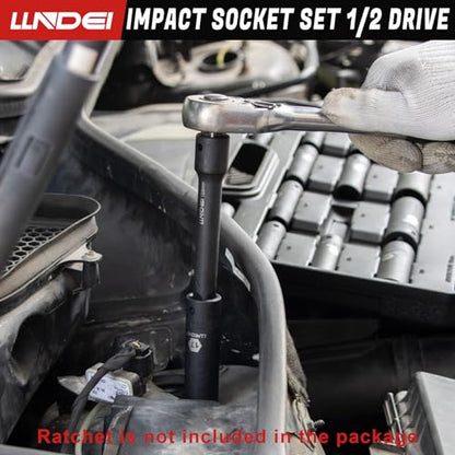 LLNDEI 1/2 inch Drive Deep Impact Socket Set, 37 Piece Standard SAE 3/8" to 1-1/4" | Metric 8 to 24mm, Includes Spark Plug Socket (16, 21mm), CR-MO Universal Joint, Extension Bars and Adapter - size: 37-piece 1/2" Drive Socket Set Sae & Metric