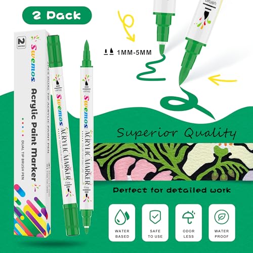 Swemos 2Pcs Green Acrylic Paint Pens Markers, Dual Tip with Fine Tip and Brush Tip Pens Acrylic Paint Markers Waterproof Acrylic Markers Set for Rock, Canvas Stone, Wood, Glass, Metal (GREEN, 2) - style: GREEN