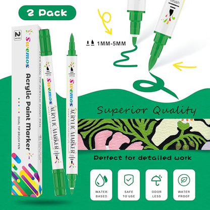 Swemos 2Pcs Green Acrylic Paint Pens Markers, Dual Tip with Fine Tip and Brush Tip Pens Acrylic Paint Markers Waterproof Acrylic Markers Set for Rock, Canvas Stone, Wood, Glass, Metal (GREEN, 2) - style: GREEN