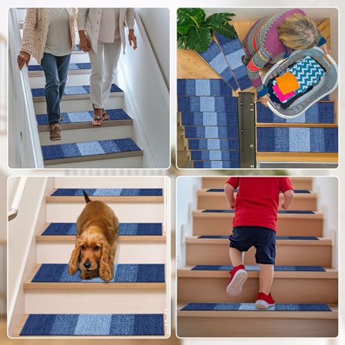 OLANLY Stair Treads Non Slip 15PCS, 8" x 30" Indoor Stair Runners for Wooden Steps, Edging Stair Rugs with Reusable Peel and Stick Adhesive for Kids Elders and Pets, Navy - color: Navy