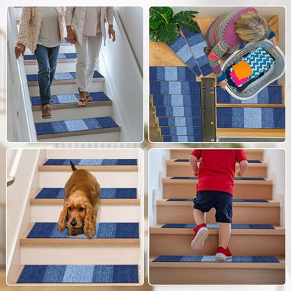 OLANLY Stair Treads Non Slip 15PCS, 8" x 30" Indoor Stair Runners for Wooden Steps, Edging Stair Rugs with Reusable Peel and Stick Adhesive for Kids Elders and Pets, Navy - color: Navy