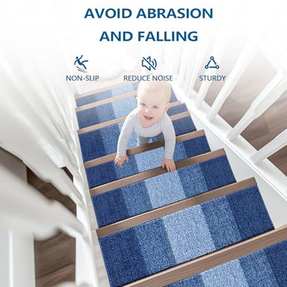 OLANLY Stair Treads Non Slip 15PCS, 8" x 30" Indoor Stair Runners for Wooden Steps, Edging Stair Rugs with Reusable Peel and Stick Adhesive for Kids Elders and Pets, Navy - color: Navy