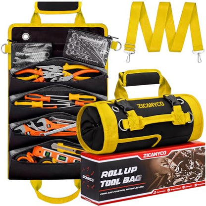 Roll Up Tool Bag, Heavy Duty See-Through Tool Roll Organizer with 2 Detachable Pouches, Portable Mechanic & Motorcycle Tool Bag, Birthday & Father’s Day Gift, Yellow - color: Yellow