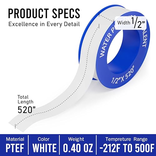 D-NYX 1, 4 or 5 Rolls 1/2 Inch(W) X 520 Inches(L) Teflon Plumbers Tape, Duct Sealant Tape for Shower Head, Plumbing Thread Tap, Water Pipe Sealing Plumbers PTFE Thread Seal (1 Pack) - size: 1 Pack