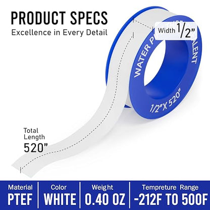 D-NYX 1, 4 or 5 Rolls 1/2 Inch(W) X 520 Inches(L) Teflon Plumbers Tape, Duct Sealant Tape for Shower Head, Plumbing Thread Tap, Water Pipe Sealing Plumbers PTFE Thread Seal (1 Pack) - size: 1 Pack