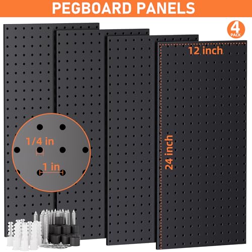 INCLY 48x24 Inch Metal Peg Board Kit with 1/4" Pegboard Hooks Accessories, 4PCS Pegboard Panels and 156PCS Black Pegboard Wall Organizer Tool Storage System for Garage Workbench Shed - size: 48x24 Inch