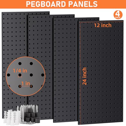 INCLY 48x24 Inch Metal Peg Board Kit with 1/4" Pegboard Hooks Accessories, 4PCS Pegboard Panels and 156PCS Black Pegboard Wall Organizer Tool Storage System for Garage Workbench Shed - size: 48x24 Inch