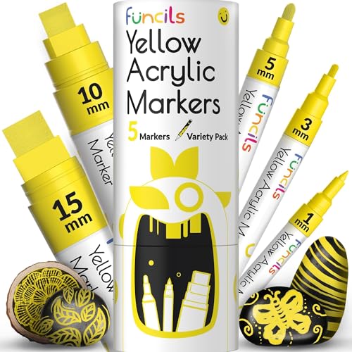 5 Acrylic Yellow Paint Pen - Extra Fine Tip, Thin & Jumbo (1mm, 3mm, 6mm, 10mm, 15mm) - Yellow Paint Marker for Metal, Fabric, Canvas, Wood, Rock Painting, Glass Markers, Water-based ink - color: Yellow