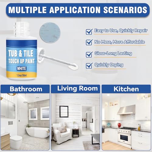 Tub and Tile Paint, White Touch Up Pen for Countertops, Repairs Bathtub, Sinks, and Appliances, Porcelain Paint for Any Scratches Spots (White)