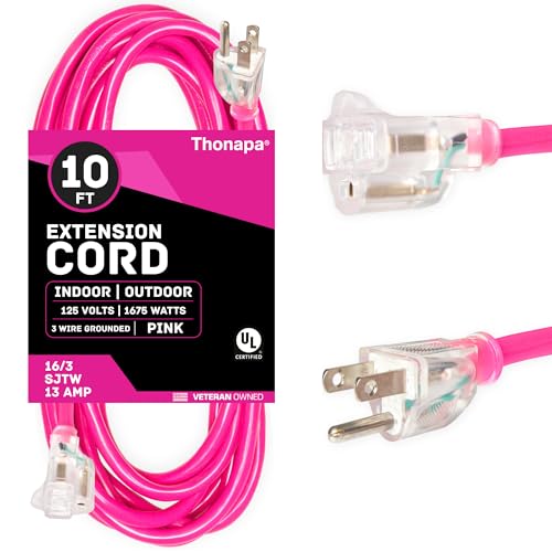 THONAPA 10 Ft Outdoor Extension Cord with 3 Prong, 16/3 SJTW Neon Pink Extension Cord 10ft, 13 AMP for Indoor or Outdoor Use, Small Appliances, Gardens, Lawn, Lights Decor - UL Listed - color: Neon Pink, size: 10 Foot