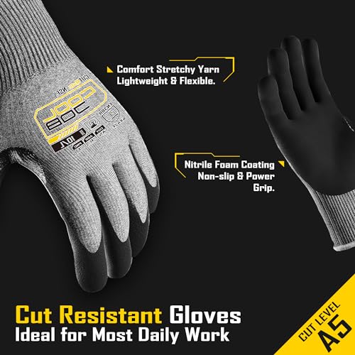 COOLJOB ANSI A5 Cut Resistant Gloves - 1/3/12 Pairs, Nitrile Rubber Dipped Safety Work Gloves for Men, Knife Proof with Grip Coating for Construction Warehouse Glass Wood Work, Grey Large - size: Large, style: A5 Pack of 1