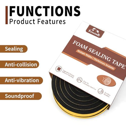 Yotache Foam Tape Weather Stripping for Door 2 Rolls 1/2" W X 3/8" T (New Adhesive Craft), High Density Closed Cell Adhesive Weather Seal Strip Black, 13 Ft Length (2 X 6.5 Ft Each) - size: 1/2"x3/8"x13 FT