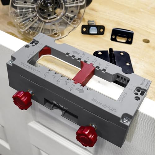 Milescraft 1229 Hinge Jig PLUS – Dual Clamping Door Hinge Jig Door Hinge Mortiser. Complete Hinge Installation Kit Rout Mortises from 2.5” to 4.5”. Strike and Latch Plates Included for Standard Doors