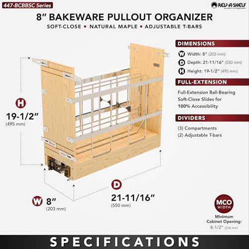 Rev-A-Shelf 8" Wooden Pullout Shelf Bakeware Organizer for Base Kitchen Cabinets with Soft Close and 100 Pound Ball-Bearings, 447-BCBBSC-8C - size: 8 Inches