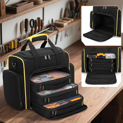 Marscamd Tool Bag with 3 Removable Cases, 2 Layers Tool Tote for Hand Tools, Black with Yellow Binding - color: Black with Yellow Binding