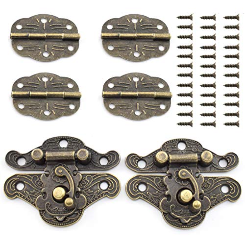 SDTC Tech Retro Design Jewelry Box Antique Hasp Latch and Vintage Bronze Engraved Mini Hinge with Matching Screws Kit for Decorative Cabinet Small Wooden Box Project (2X Hasp Catch + 4X Hinges) - color: M2F4 KIT