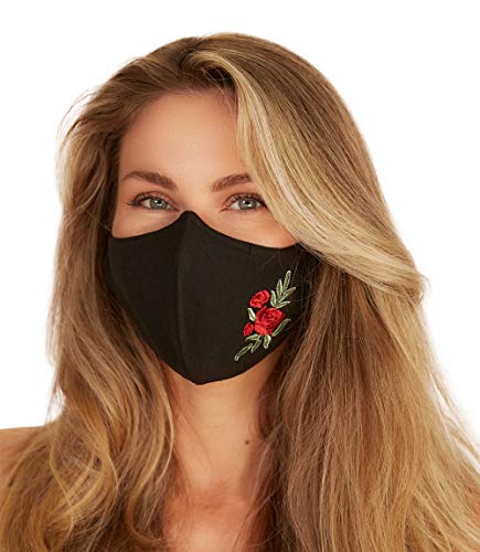 Washable Face Mask with Non-Adjustable Ear Loops & Nose Wire - color: Embroidery - Single Rose