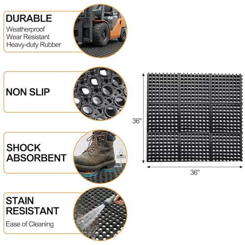 Yesland Anti-Fatigue Rubber Matting, 36 x 36 x 1/2 Inches, Black Dura Chef Anti-Slip Kitchen Mat for Restaurant Bar Floor, Bath Mat for Wet Areas, Garage, Garden Use