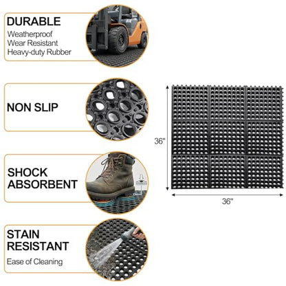 Yesland Anti-Fatigue Rubber Matting, 36 x 36 x 1/2 Inches, Black Dura Chef Anti-Slip Kitchen Mat for Restaurant Bar Floor, Bath Mat for Wet Areas, Garage, Garden Use