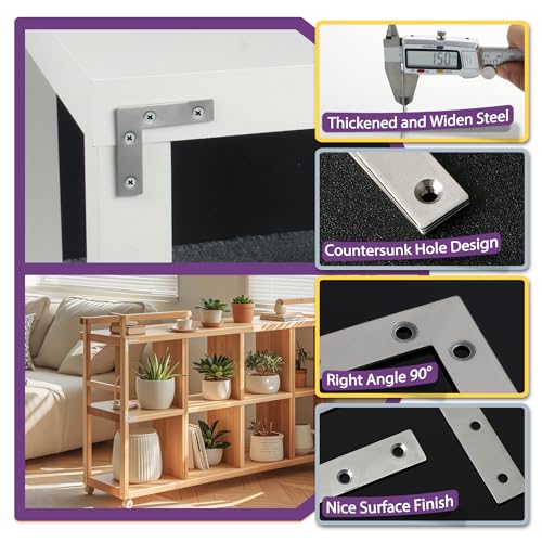 Alise L Flat Brackets,Corner Bracket Corner Brace Mending Plate Repair 80mm x 80mm Stainless Steel Flat Braces for Wood Tables, Chairs, Sofas, Beds, Cabinets, Doors and Windows,Brushed,Pack of 10 - size: 80x80mm(10Pcs), style: Brushed