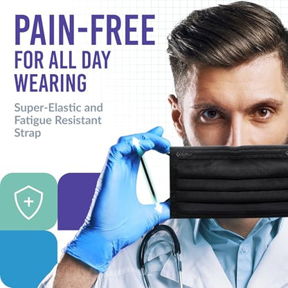 Medtecs Face Mask Disposable – Available in 50 & 2,000 pcs – ASTM Level 1, 3-Ply Breathable, Soft Fit – Adult Size – Ideal for Commuting & Daily Wear - color: 01. Black, size: Adult - 50PC