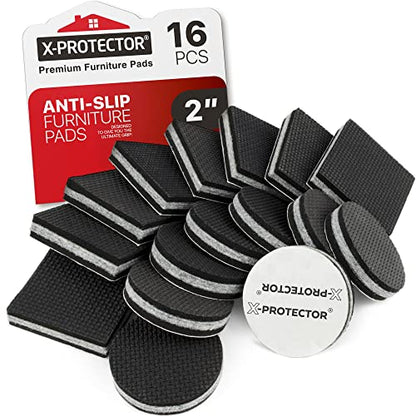 Non Slip Furniture Pads X-PROTECTOR - 16 pcs 2" - Premium Furniture Grippers! Rubber Feet Hardwood Floor Protectors for Furniture Legs - Couch Stoppers - Keep Your Furniture in Place Forever! - size: 16 Round & Square 2"
