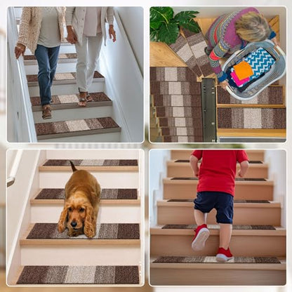 OLANLY Stair Treads Non Slip 15PCS, 8" x 30" Indoor Stair Runners for Wooden Steps, Edging Stair Rugs with Reusable Peel and Stick Adhesive for Kids Elders and Pets, Brown - color: Brown