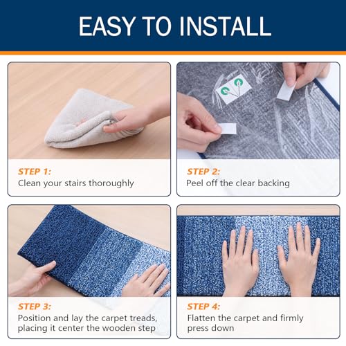 OLANLY Stair Treads Non Slip 15PCS, 8" x 30" Indoor Stair Runners for Wooden Steps, Edging Stair Rugs with Reusable Peel and Stick Adhesive for Kids Elders and Pets, Navy - color: Navy