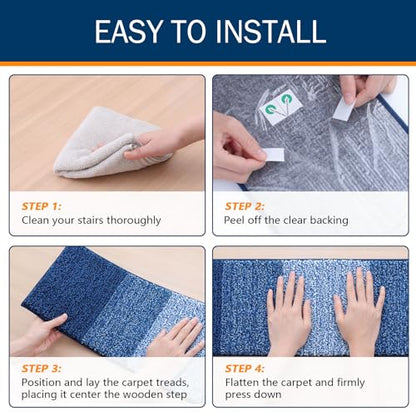 OLANLY Stair Treads Non Slip 15PCS, 8" x 30" Indoor Stair Runners for Wooden Steps, Edging Stair Rugs with Reusable Peel and Stick Adhesive for Kids Elders and Pets, Navy - color: Navy