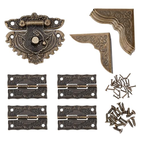 NICENEEDED Jewelry Box Hinges and Latches, Antique Engraved Latch Hasp Hinges and Box Corner Protectors Hardware Kit, Bronze Wooden Box Latch Buckle for Jewelry Box Decoration and Repair