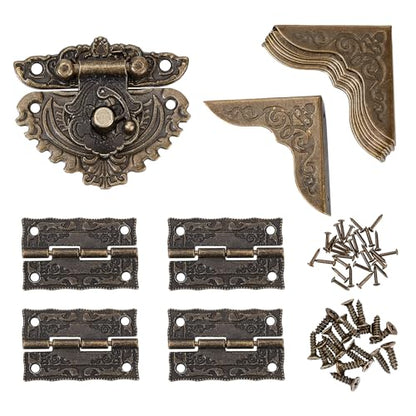 NICENEEDED Jewelry Box Hinges and Latches, Antique Engraved Latch Hasp Hinges and Box Corner Protectors Hardware Kit, Bronze Wooden Box Latch Buckle for Jewelry Box Decoration and Repair