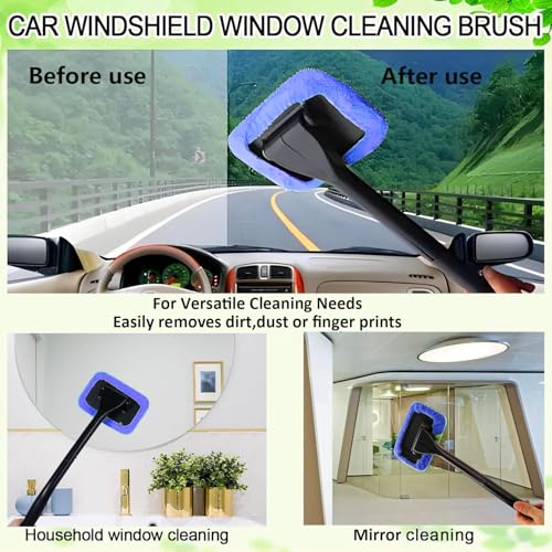 desin Car Windshield Cleaner Tool with Extendable Handle, Inside Auto Window Glass Cleaning Kit with 5 Washable Microfiber Pads, Streak-Free Defogger Wand for Deep Dashboards & SUVs - color: Blue