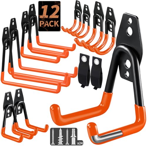 12 Pack Garage Hooks Heavy Duty, Wall-Mount Storage Hooks with Non-Slip Coating, Includes Screws & Anchors + 2 Extension Cord Straps, Shed Hooks for Hanging Bikes, Ladders, Garden Tools, Hoses, Ropes - color: 12pc-Orange
