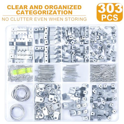 KURUI 303Pcs Picture Hanging Kit, Picture Hangers Assorted Kit with Heavy Duty Wall Hooks, Sawtooth, Picture Wire, D Rings, Hardware Nails, Eye Hooks, Silver Heavy Duty Frame Hooks - size: Silver