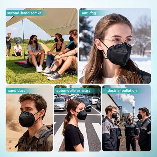 KN95 Face Masks 100 PCS, 5-Ply KN95 Black Masks,Breathable Protection Masks, Individually Wrapped, Cup Dust Safety Mask - color: Black
