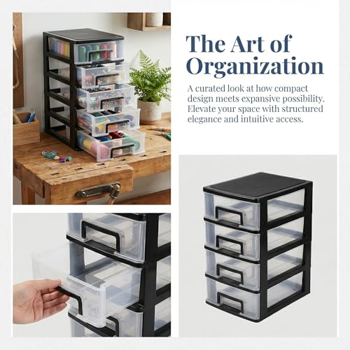Cabilock 5-Tier Plastic Storage Drawers Clear Desktop Organiser Unit Small Stackable Craft Bins for Office Stationery Makeup Jewellery 31x21x15cm - color: Black