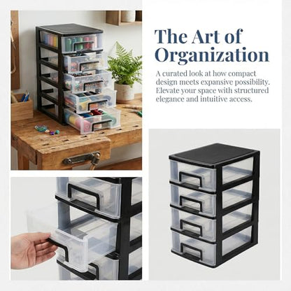 Cabilock 5-Tier Plastic Storage Drawers Clear Desktop Organiser Unit Small Stackable Craft Bins for Office Stationery Makeup Jewellery 31x21x15cm - color: Black