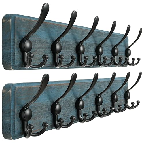 Dseap Coat Rack Wall Mounted - 24" Long 6 Tri Hooks, Heavy Duty Wooden Wall Coat Hanger Coat Hook for Clothes Hat Jacket Clothing, Weathered Blue and Black, Pack of 2 - color: Weathered Blue & Black, size: L=24"