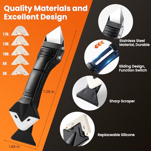 3 in 1 Silicone Caulking Tools（Stainless Steelhead), 12pack, Caulk Remover Tool Kit with Replace Silicone Padsgood Pads and Caulk Finishing Tools, Caulking Tool Kit for Kitchen, Bathroom