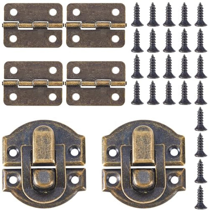 2 Sets Antique Bronze Wooden Box Hinges and Latches Metal Retro Small Decorative Latches Hook Hinge Kit with 24Pcs Matching Screws for DIY Craft Project Wood Jewelry Boxes Cabinet