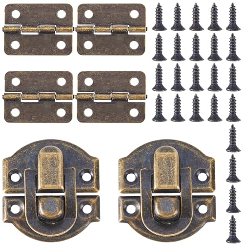 2 Sets Antique Bronze Wooden Box Hinges and Latches Metal Retro Small Decorative Latches Hook Hinge Kit with 24Pcs Matching Screws for DIY Craft Project Wood Jewelry Boxes Cabinet