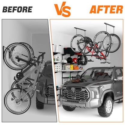 TORACK Overhead Bike Rack for Garage, Ceiling-Mounted Bicycle Storage Hooks for 4 Bikes (Horizontal) or 8 Bikes (Vertical), Adjustable Bicycle Hooks for Mountain, Road Bikes - style: for 4 bikes