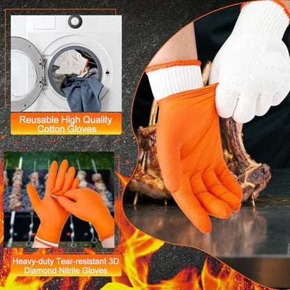 ANBOSON BBQ Gloves for Grilling Disposable Heat Resistant - 100 Nitrile Gloves + 4 Reusable Cotton Liners for Cooking Smoker -Orange XLarge - size: X-Large, style: 10mil Nitrile - Orange