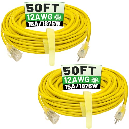 POWGRN 2 Pack 50 ft 12/3 Outdoor Extension Cord Waterproof Heavy Duty with Lighted Indicator End 12 Gauge 3 Prong, Flexible Cold-Resistant Long Power Cord Outside, 15Amp 1875W SJTW Yellow ETL Listed - color: Yellow, size: 50ft-2pcs